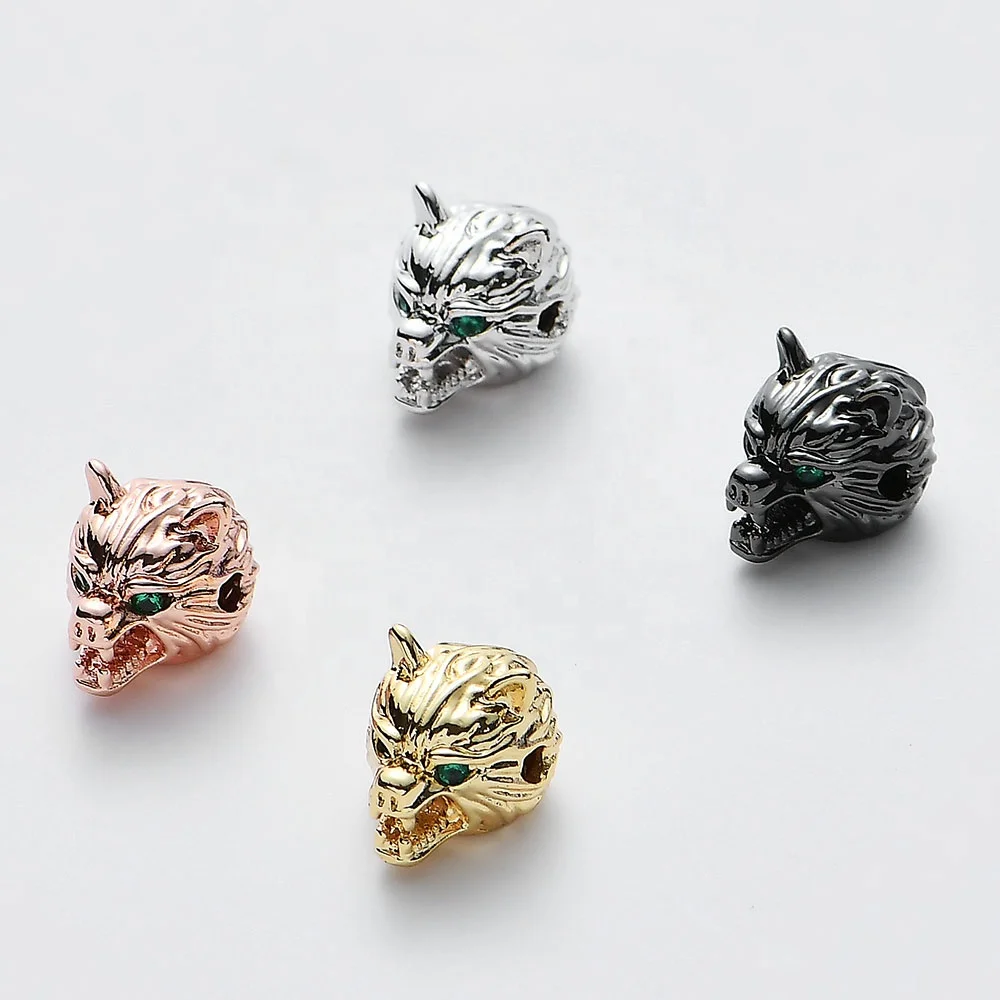 

Micro Paved Cubic Zirconia Cz Green Eye Wolf head Charms for DIY Jewelry Making Men Bracelet Sacer beads, Multi color