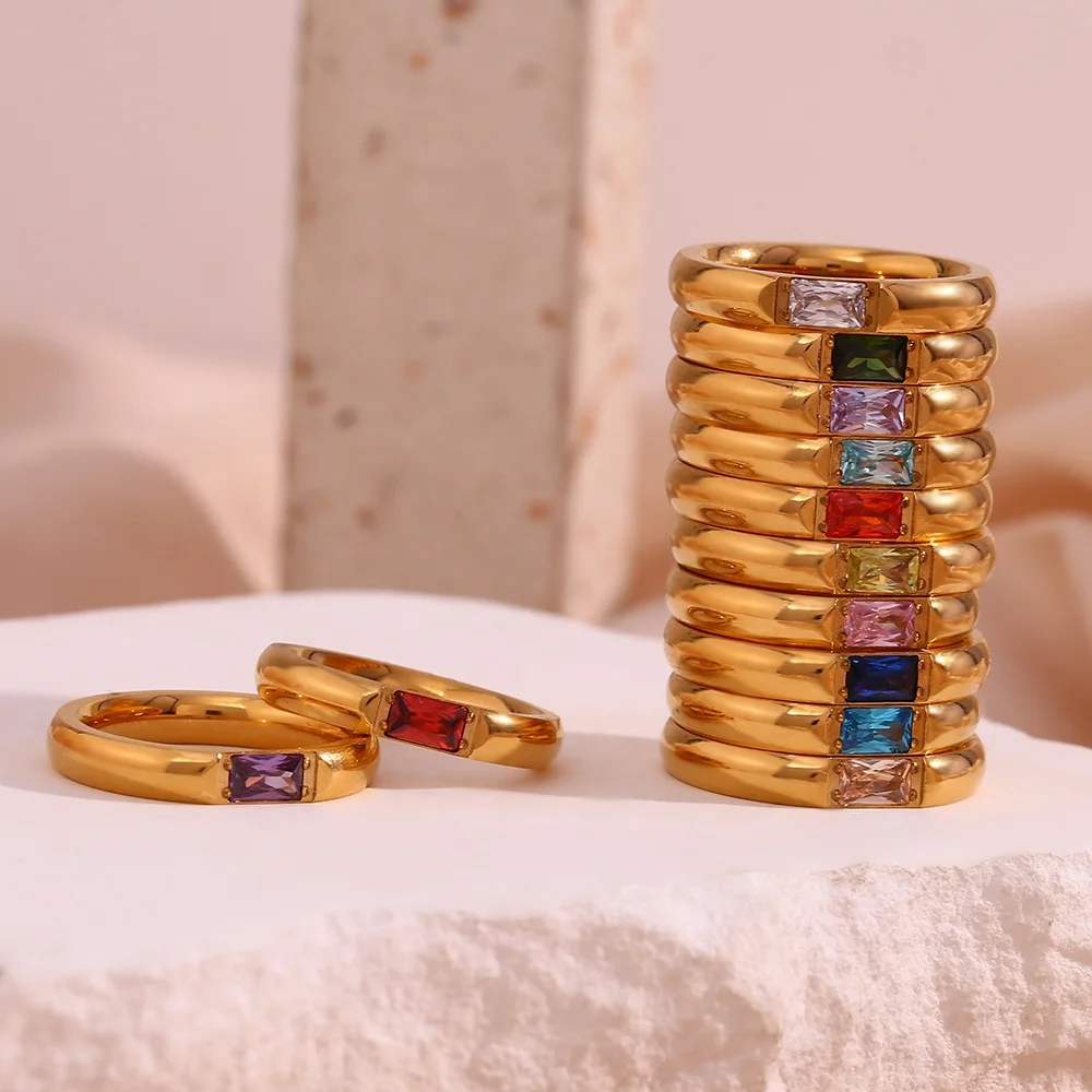 

Personalized Gifts Birthstone Ring Colorful Square AAA Zircon Rings Jewelry Women Wedding Rings