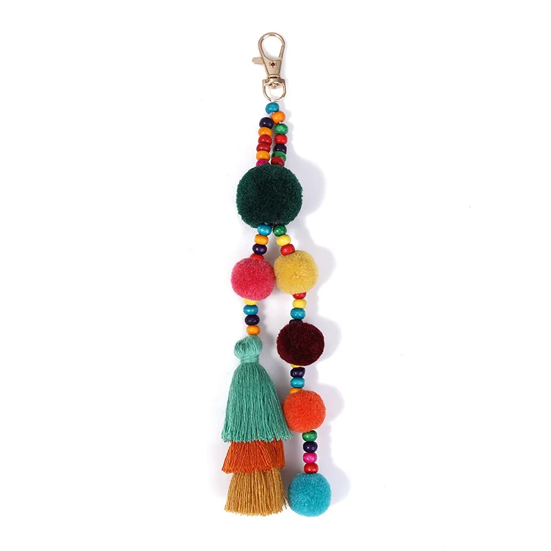 

Cotton Colorful Tassel Pompons Keychain Bohemian Tassel Wood Bead Bag Pendant Ornaments Tassel Plush Keychain