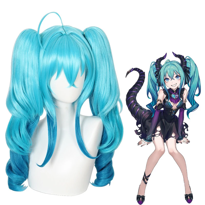 

Wholesale Vocaloid Anime Wig 55cm Long Curly Lak Blue Mixed Wig Cosplay Synthetic Party Hair Peluca With 2Ponytails, Pic showed
