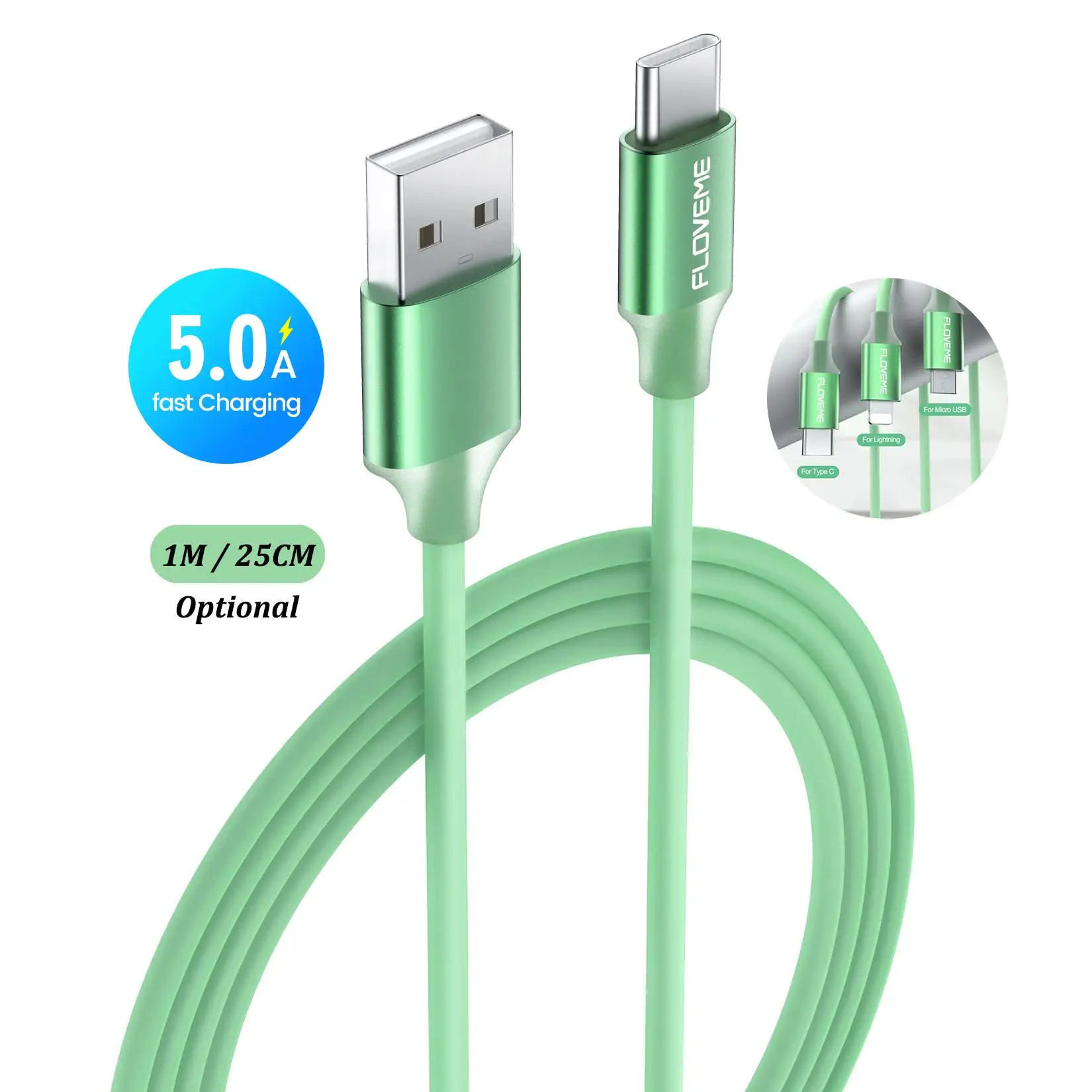 

DHL Free Sample FLOVEME 1M Black Green 5A Data Transfer Fast Charging Cable Usb Type C Custom Accept