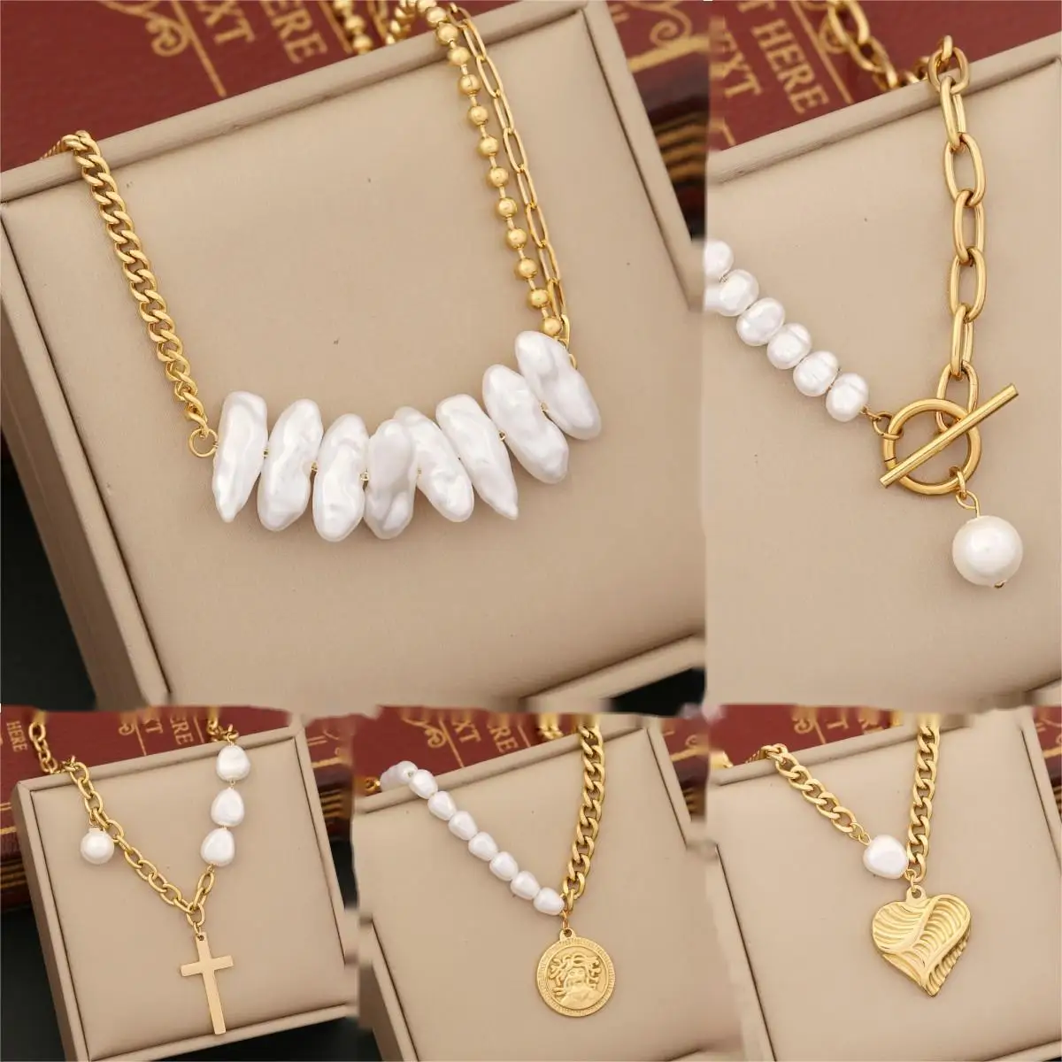 

Wholesale Women Medusa cross heart pendant baroque pearl with chain 18k Gold Plated Stainless Steel Necklace Jewelry