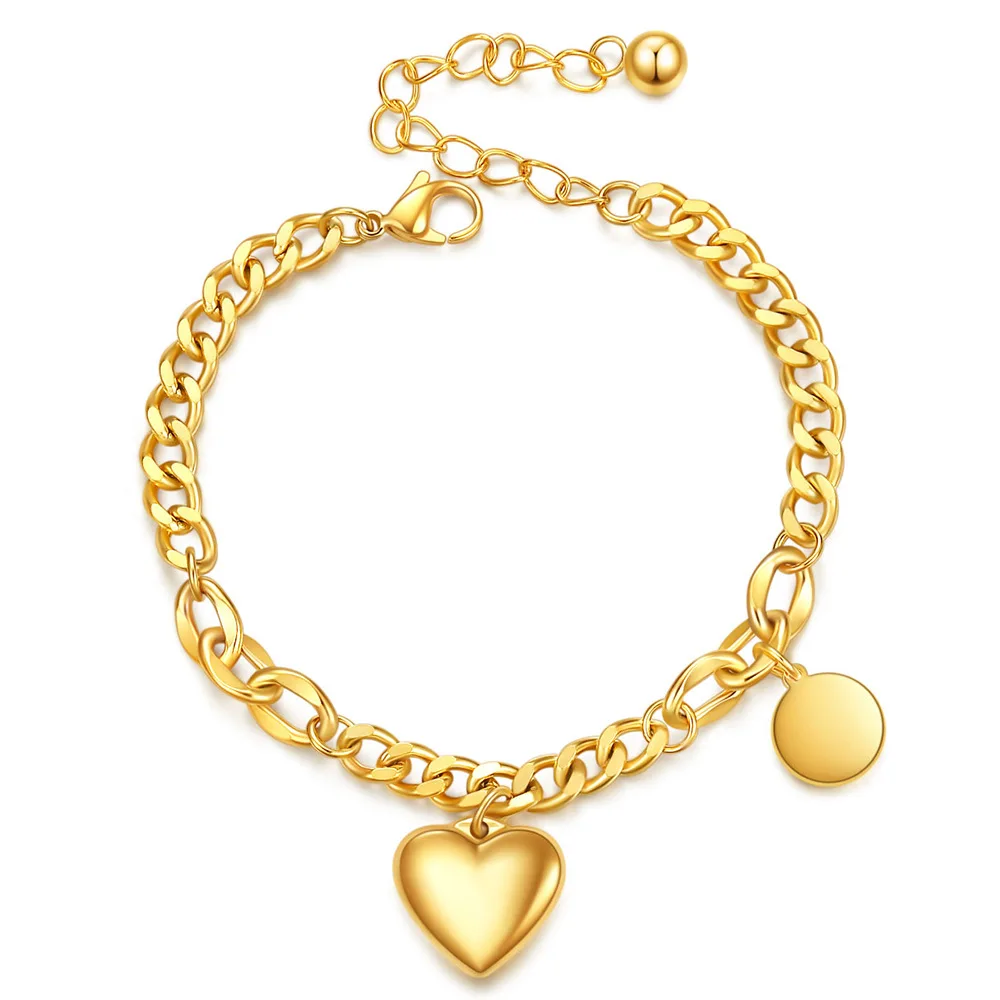 

Selling Hot selling Women Stainless Steel 18K Gold Plated Chunky Chain Engrave Custom Logo Heart Charm Bracelet