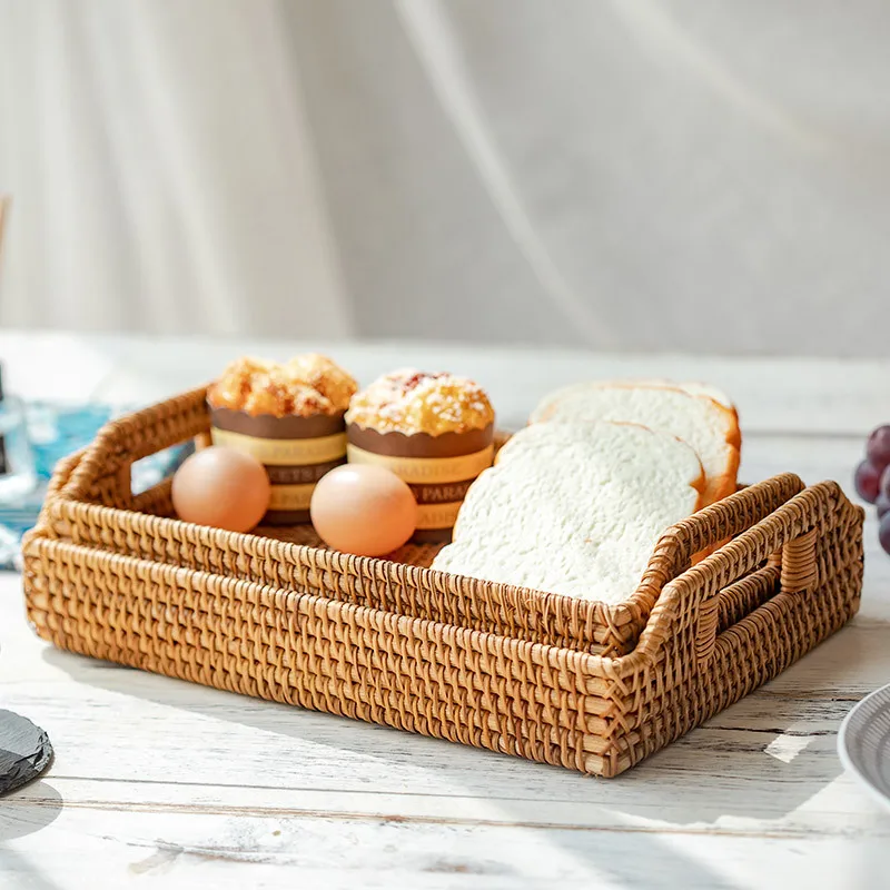 

Hand-Woven Bread Desserts Portable Storage Tray with Handle Wicker Picnic Rattan Trays Storage Baskets, Natural color