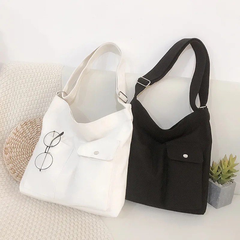 

2021 summer Korean style custom bag casual plain canvas student school fashion handbag wholesale, Black
