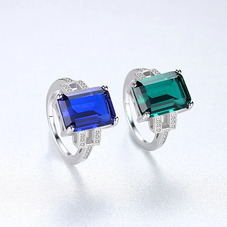 

High End Gorgeous S925 Sterling Silver Blue Onyx Ring Square Emerald Gemstone Engagement Ring