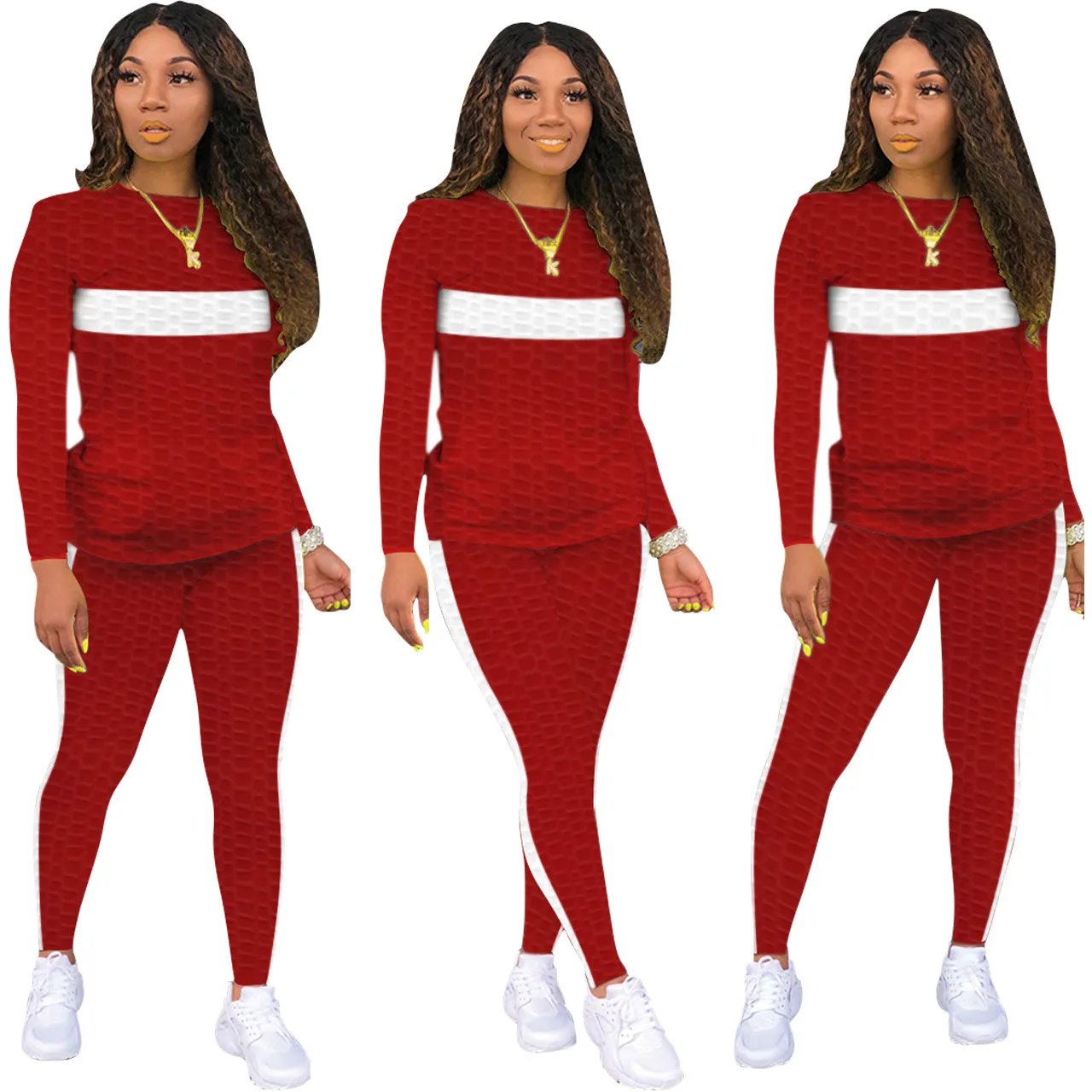 

Cross-border boutique amazon hot white striped tight waffle pattern vendors clothing two-piece set womens sweatsuits