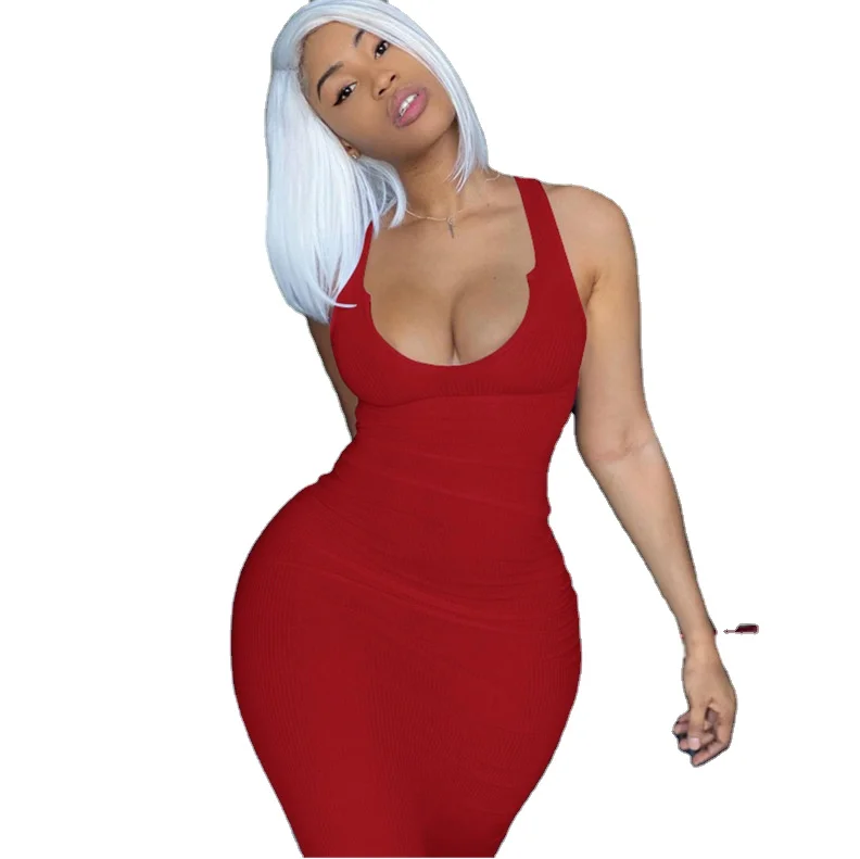 

Women Summer Bodycon Ladies Dress Girls Maxi Dresses Sleeveless Solid Color Slim Deep V-neck Sundresses, Picture colour