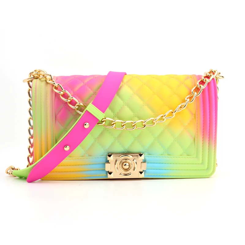 

Hot Selling Fashion luxury rainbow purse chain lady colorful women jelly purses handbags, Candy or custom