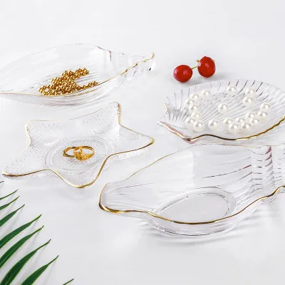 

Li Qing Shanghai Factory Wholesale Gold Rim Sea Features Shaped Crystal Glass Jewelry Fruit Dish Plate Small MOQ, Transparent, rainbow