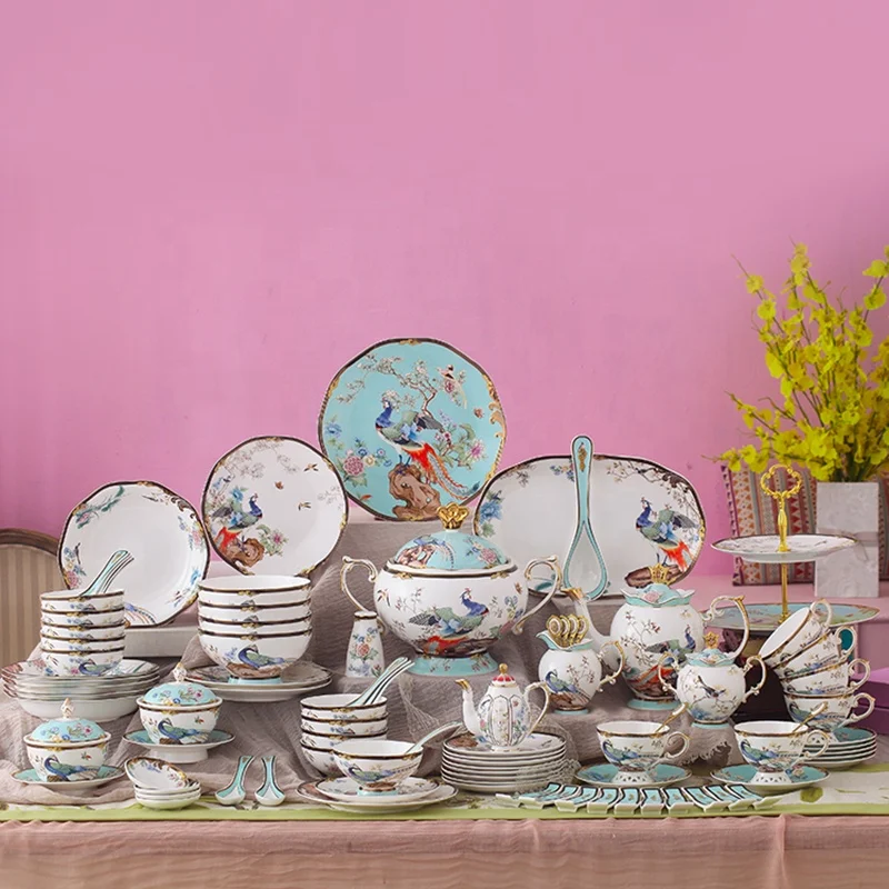 

Chinese Dishes Set High-end Exquisite Luxury Ceramic Plates Dishes European Style Bone China Tableware Dinnerware Sets, Customized color
