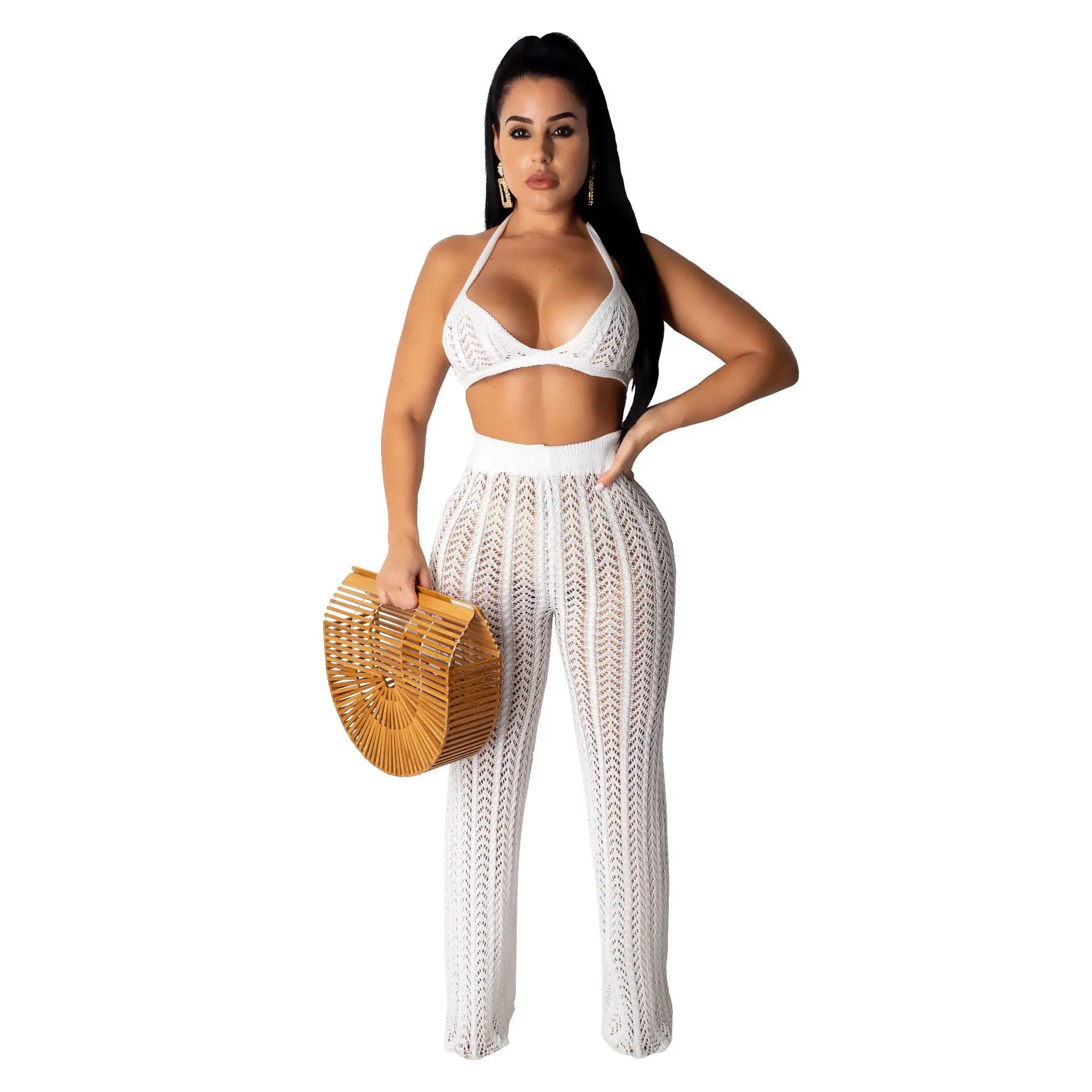 

2021 Women Clothing Two Piece See Through Hollow Out Crochet Beach Wear Biniki Cover Up Pants Set