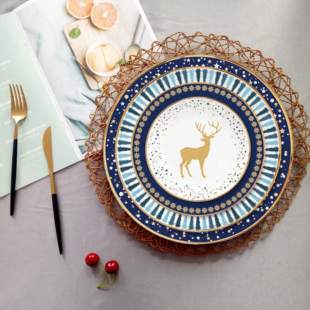 

High quality dark blue christmas lucky plate porcelain dishes ceramic dinner tableware for kitchen, As shown