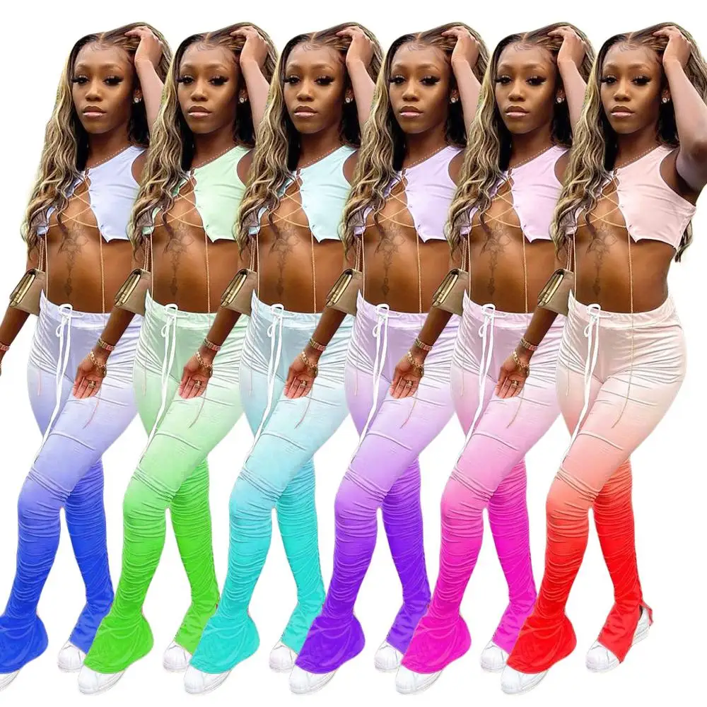 

2020 Hot Selling Summer Gradient Stacked Pants For Women Stacked Jogger Pants Two Piece Outfit Women