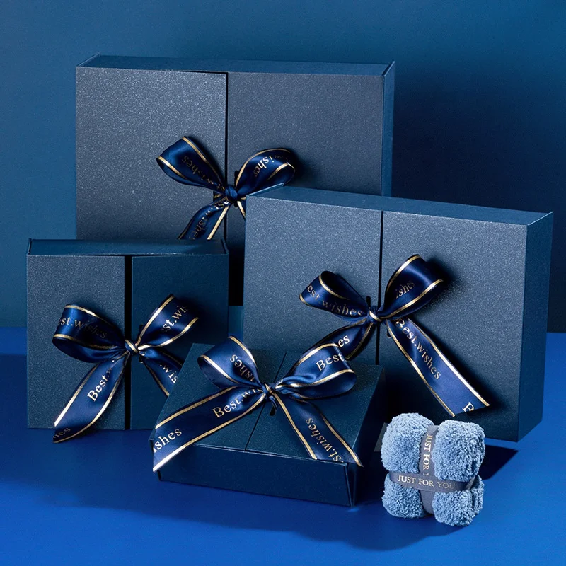 Luxury Double Side Open Glossy Blue Valentine's Gift Boxes With Ribbon ...