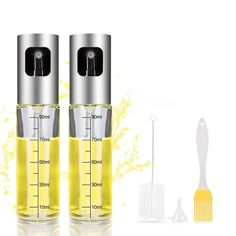 

For Kitchen with scale label cooking oil bottle stainless steel lid glass olive oil and vinegar bottle spray 100 ml, Silver