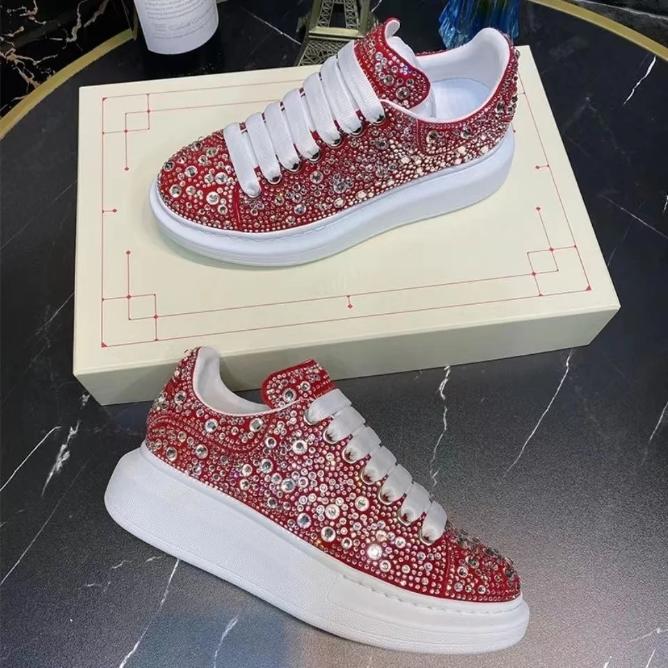 

High Quality Lace-up Stretchy Small white shoes full rhinestones men and women platform platform sneakers, Customized color