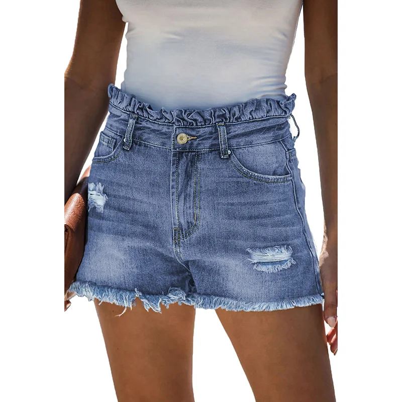 

Wholesale Women Casual High Rise Ruffle Waist Denim Shorts, As shown