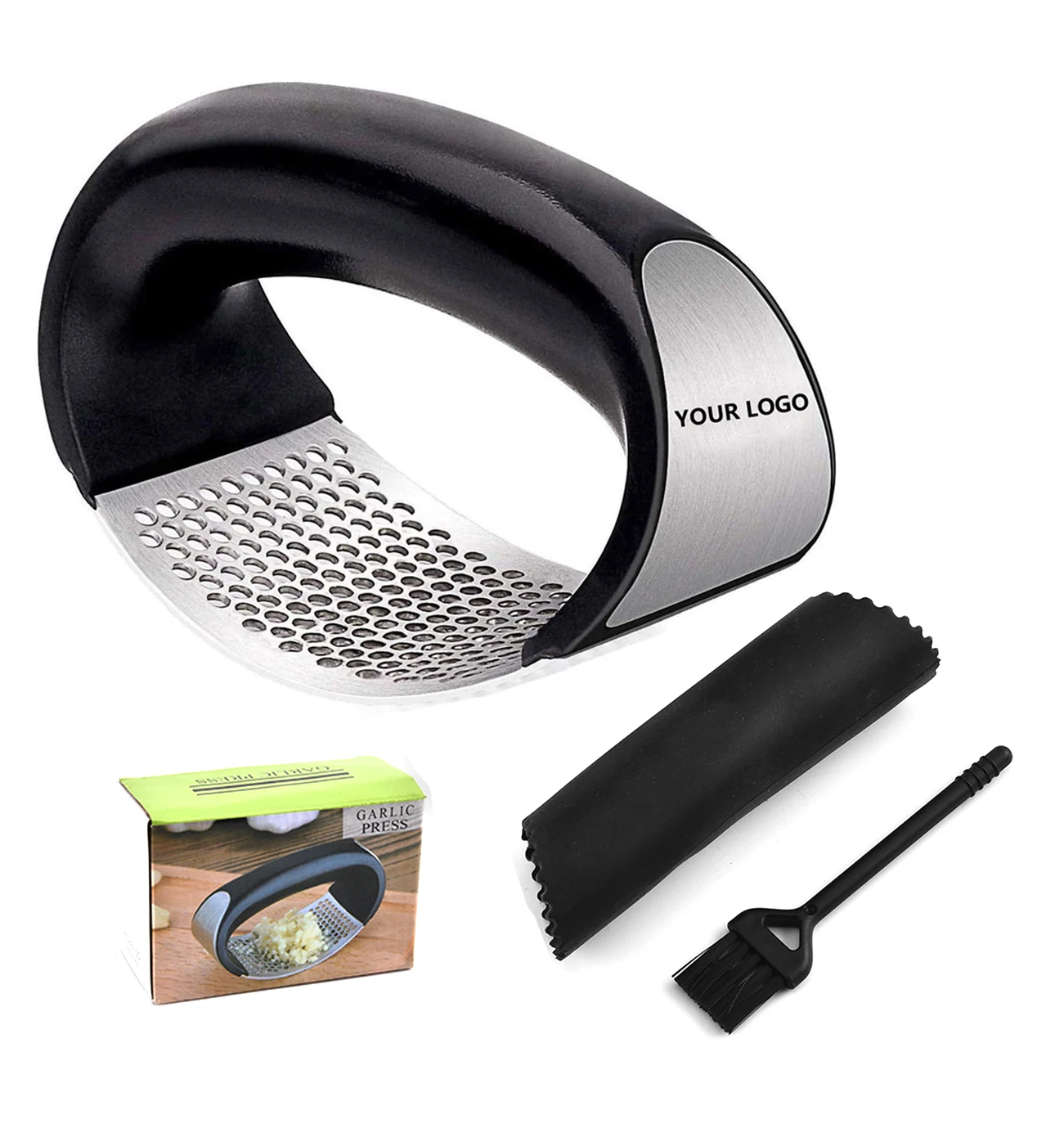 

wholesale 3 in 1 Garlic Press Rocker/stainless steel Garlic Mincer Crusher with peeler Cleaning Brush, Black silver