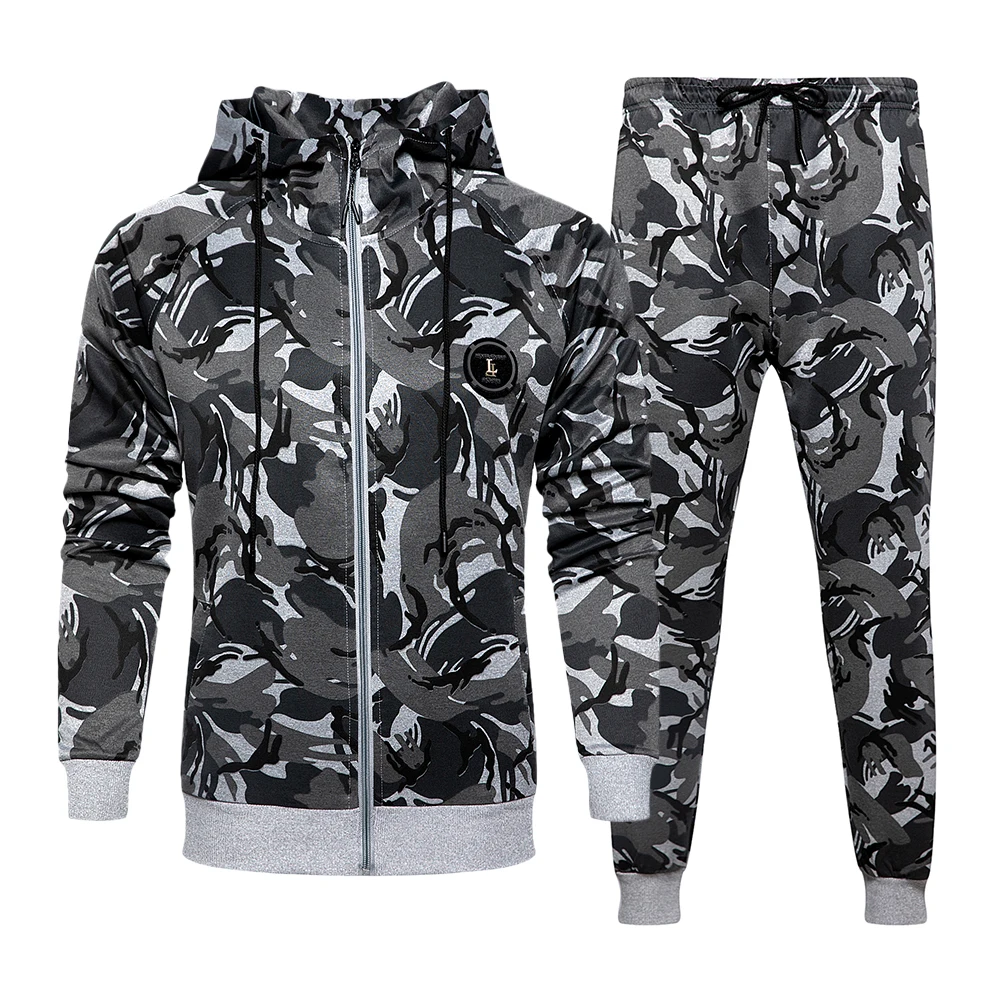

HOdo Custom Men's Camouflage Two Piece Jacket Tracksuit Set Long Sleeve Zip Hoodie Tops Pants Sportswear Jogger Sets For Men