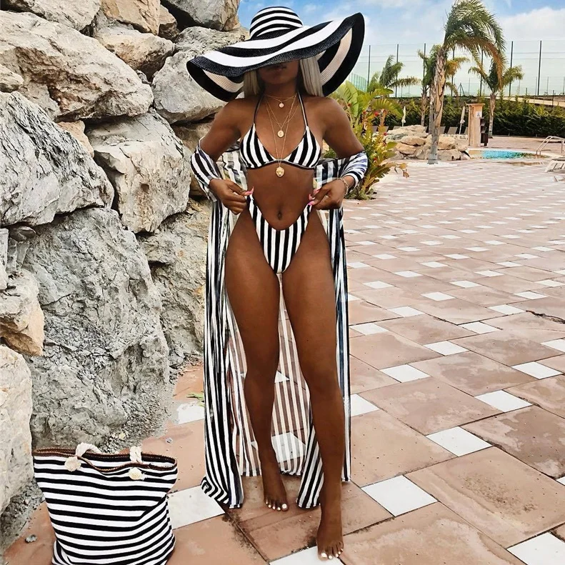 

Striped Bikini Set With Beach Coverup Women Bathing Suit Three Pieces Swimsuit, White black striped, red, blue