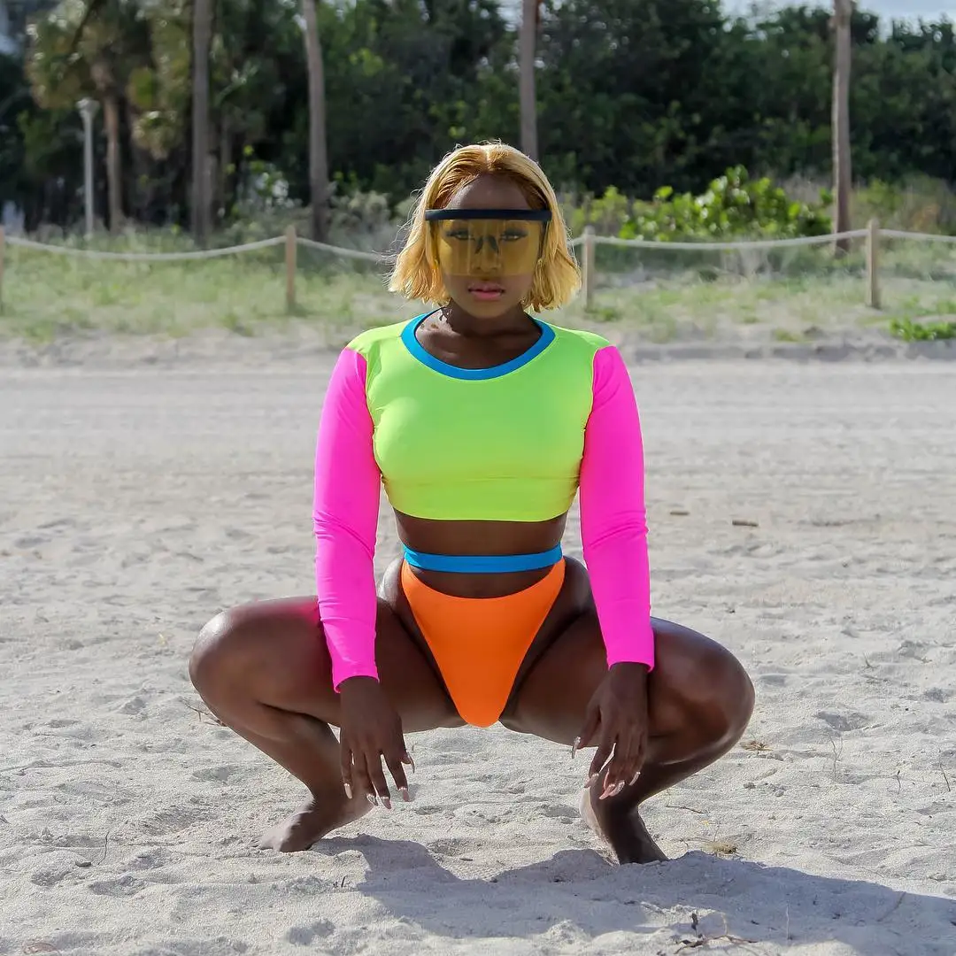 

2022 High Quality Color Matching Designer Plus Size Fitness Girls Swimwear For Diving, Green. orange, rose red