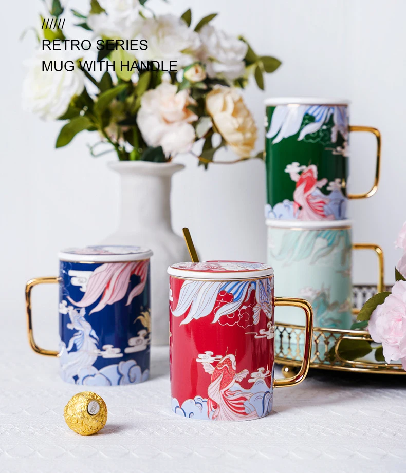 

Creative New Chinese Style Carp Pattern Ceramic Couple Mug With Lid And Spoon, As shown