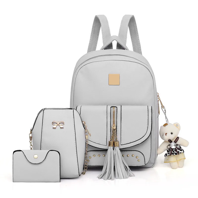 

tassel decoration concise design 3 in 1 backpack set with cellphone bag and card holder