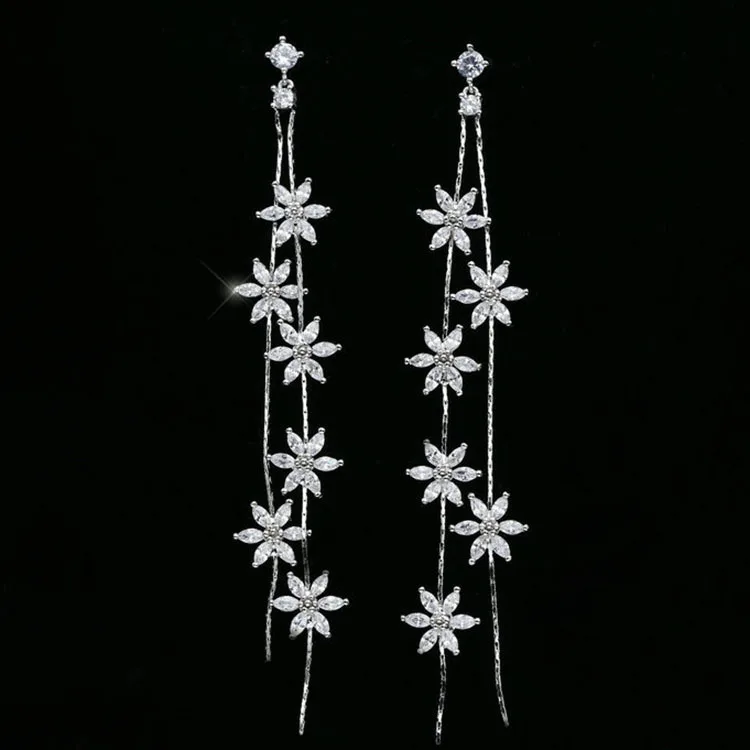 

Good Quality Korean tassel 925 Sterling Silver pendant earrings Zircon long chain Flower earrings