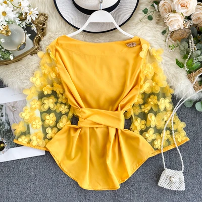 

New design women fashion transparent gauze lace tops