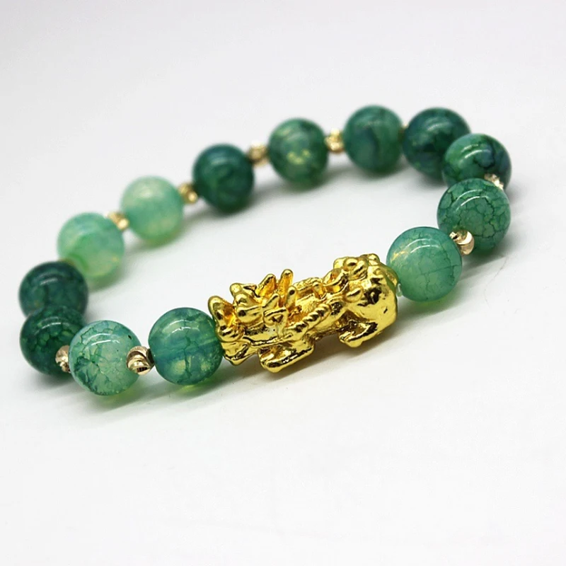 

Wholesale Green Jade Beads Brave Lucky Feng Shui Bracelet Gold PIXIU Bracelet For Gift, As pictures