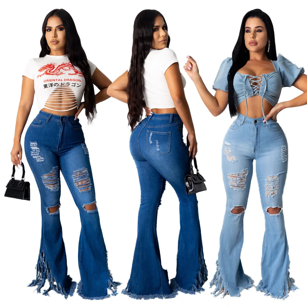 

Women High Waist Ripped Hole Bell Bottom Jeans Streetwear Tassel Flare Denim New Fashion Jeans Pants, Blue jeans pants