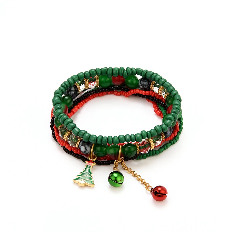 

PUSHIFashion alloy and resin rice beads new multi - layer hand ring with bell Christmas tree