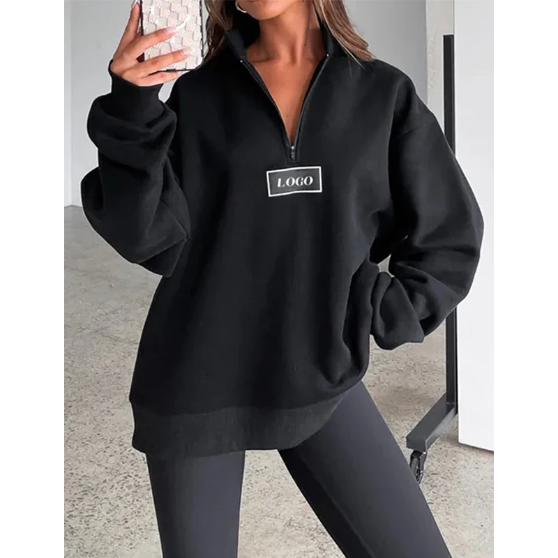 Custom Women Fleece Hoodies Casual Organic Cotton Long Sleeve Half Zip Pullover Sweatshirt