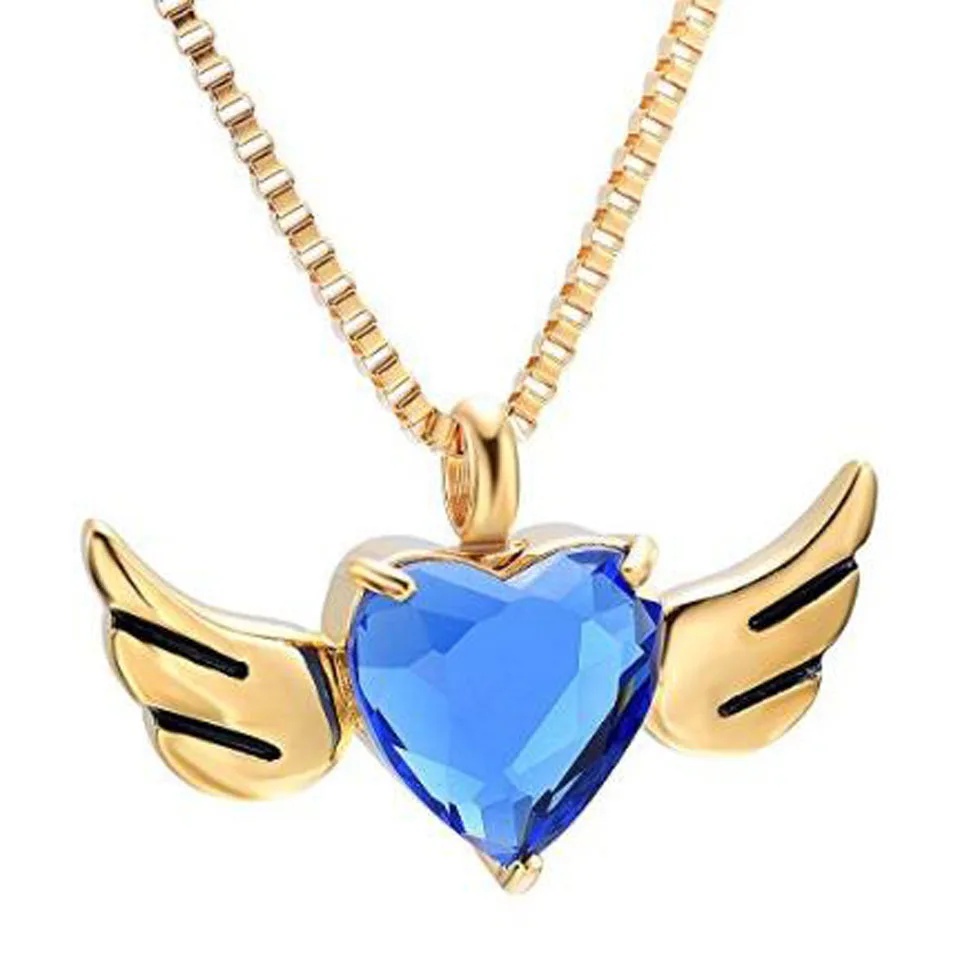 

Heaven Custom Urn Pendants Jewellery Cremation Stainless Steel Heart Ashes Necklace with Angel Wing Blue Rhinestone, Silver