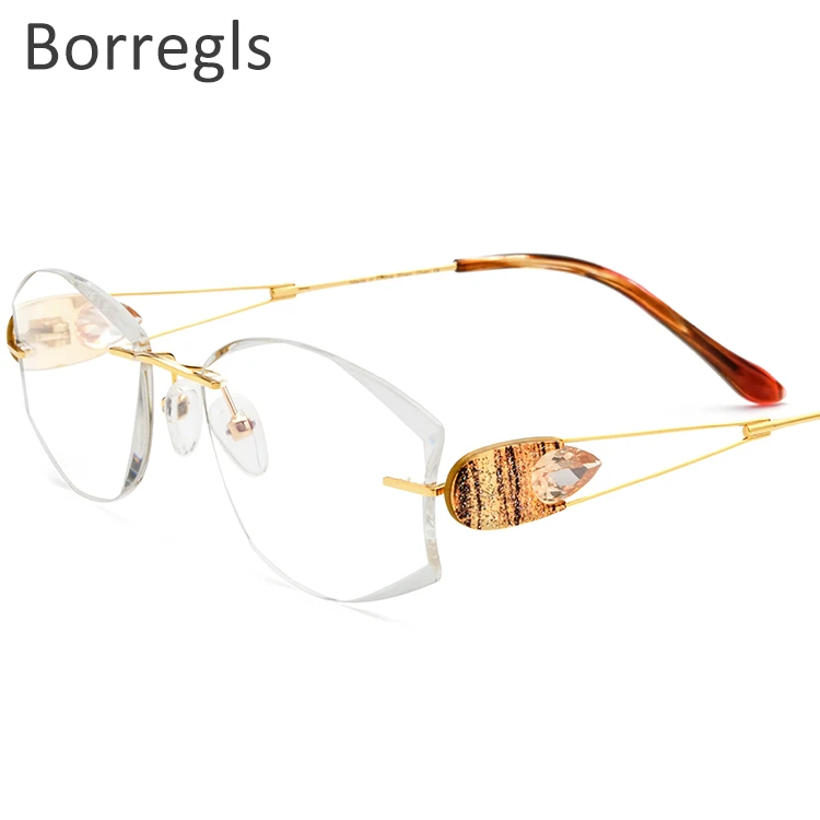 

Borregls Wire Titanium Rimless Glasses Women Ultralight Luxury Diamond Trim Prescription Optical Eyeglasses Frame Eyewear