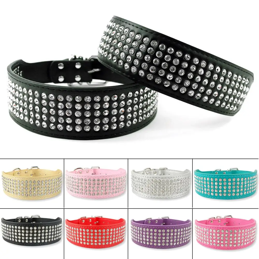 

Rhinestones Dog Collar Sparkly Crystal Dog Collars Diamonds PU Leather Collar for Medium Large Dogs 2 Inch Wide