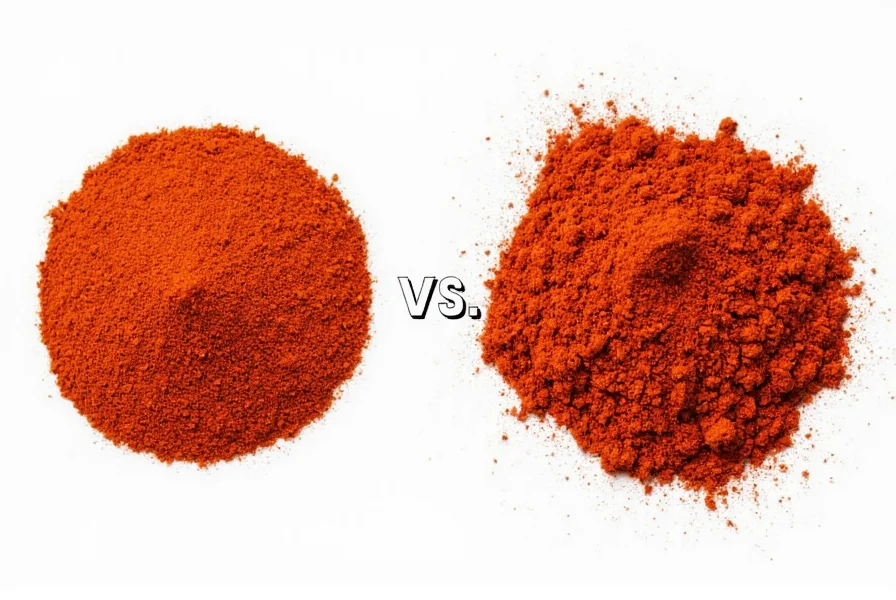 Close-up comparison of cayenne pepper and chili powder in spice jars showing color difference