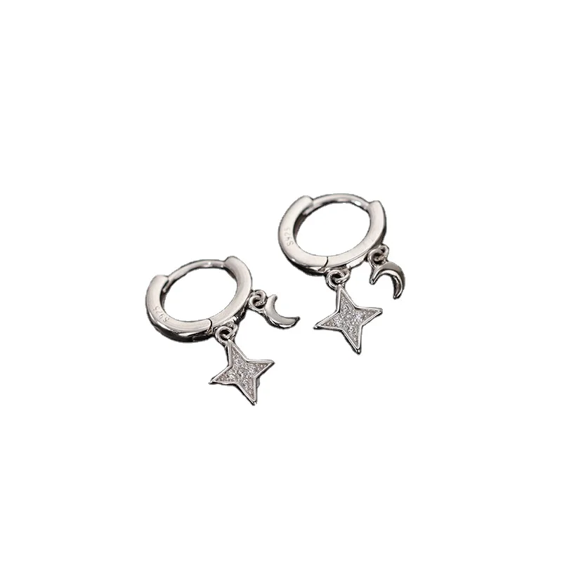 Factory Wholesale 925 Silver Star Moon Zircon Hoop Earring Cute Style Dangle Hoop for Women for Wedding Anniversary Party Gift