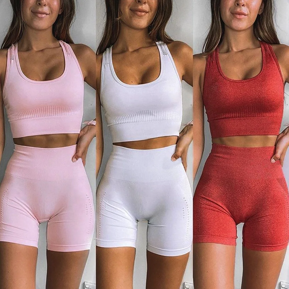 

2021 new Breathable sports bra and shorts yoga set two piece set women seamless fitness yoga wear QUICK DRY yoga 2pc set shorts