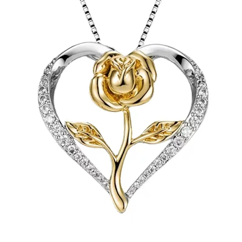 

Fashion heart rose flower silver diamond necklace