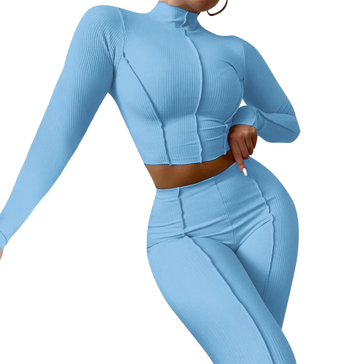 

LvCong fall reverse design women High collar bodysuit high waist jogger sportswear women two piece pant for women clothes