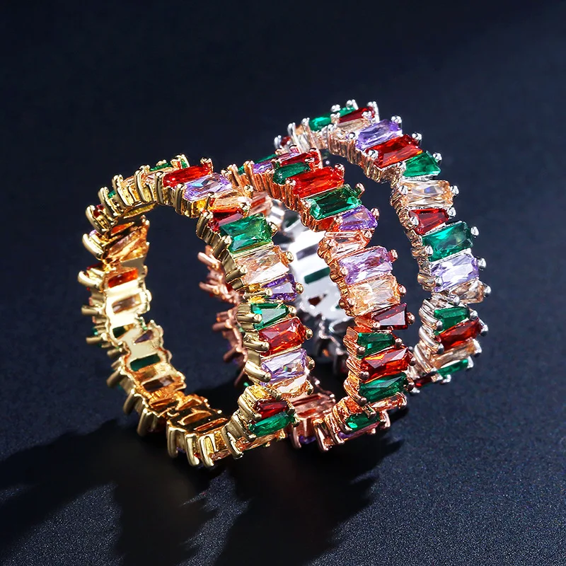 

Real 18k Gold Plated Sparkling Colorful CZ Crystal Finger Ring Baguette Cubic Zirconia Rings