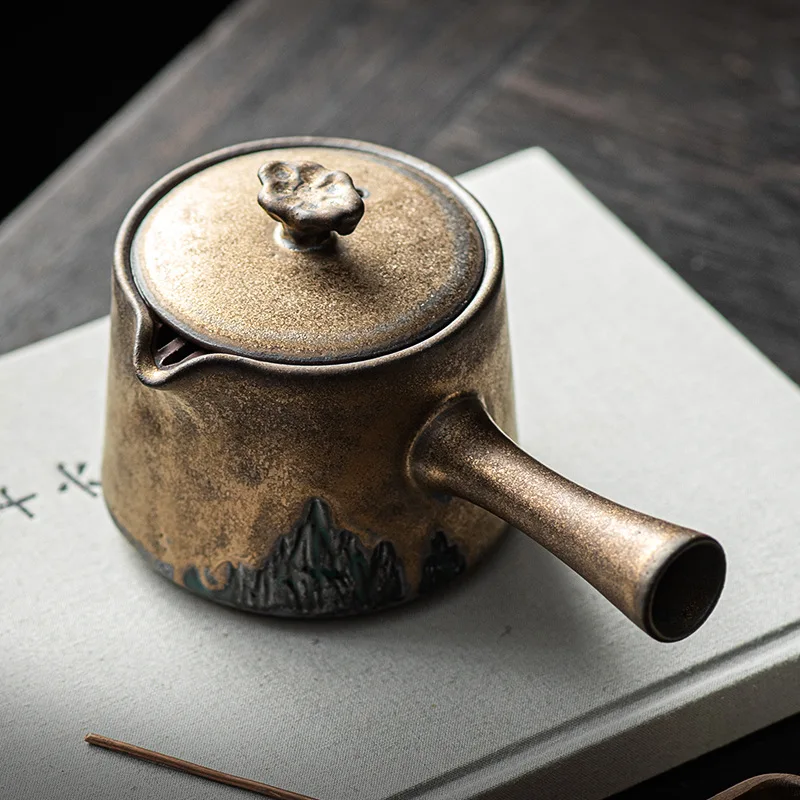 Japanese Retro Office Kung Fu Tea Kett Gilt Kiln Transformed Ceramic Filter Teapot Home Single Pot Stoneware with Side Handle