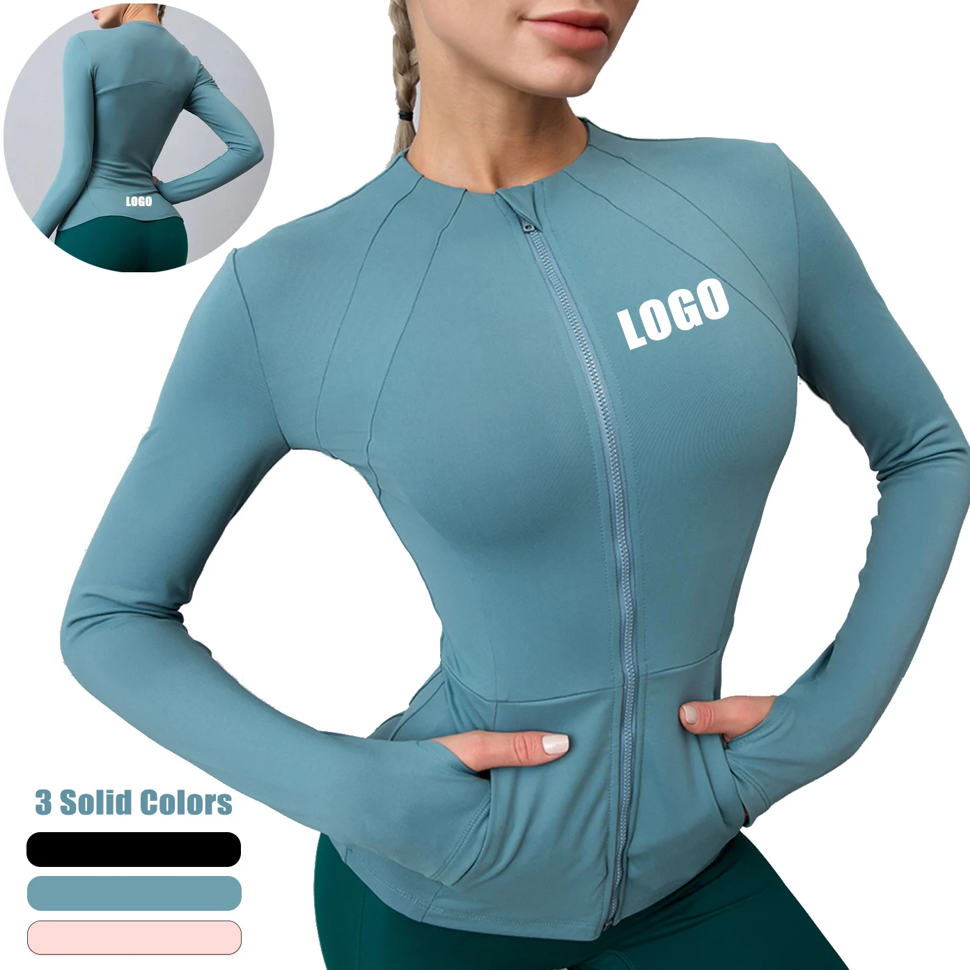 

QH Factory Outlet Yoga Jacket with Thumb Holes Zipper Gym Sports Tops Running Quick-drying Long Sleeve Coat with Custom logo, Shown or customized
