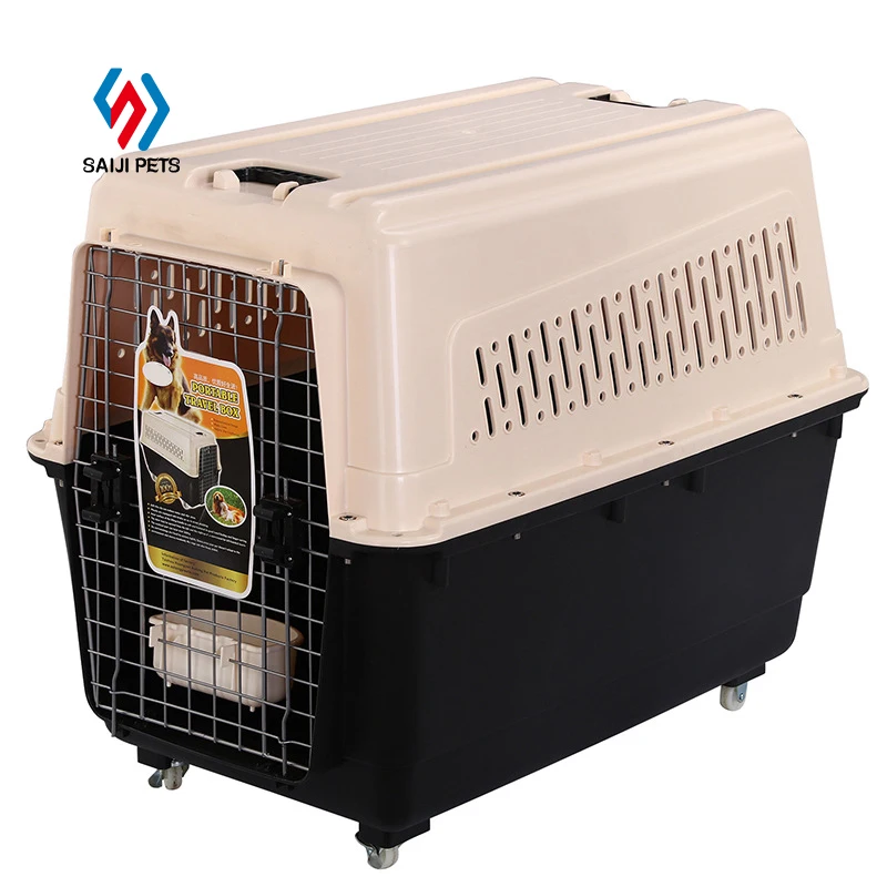 

Saiji outdoor airline shipping approved plastic super large pet dog cage with wheel travel crates kennel carriers houses, Black, red, customized color