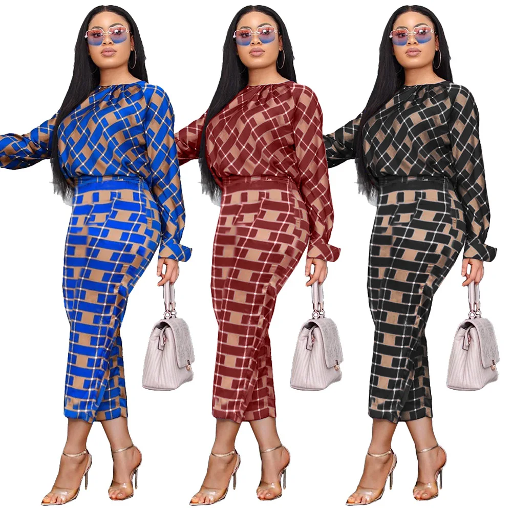 

2020 European and American autumn new Amazon hot style long-sleeved loose ladies shirt and plaid pants two-piece sets, Picture