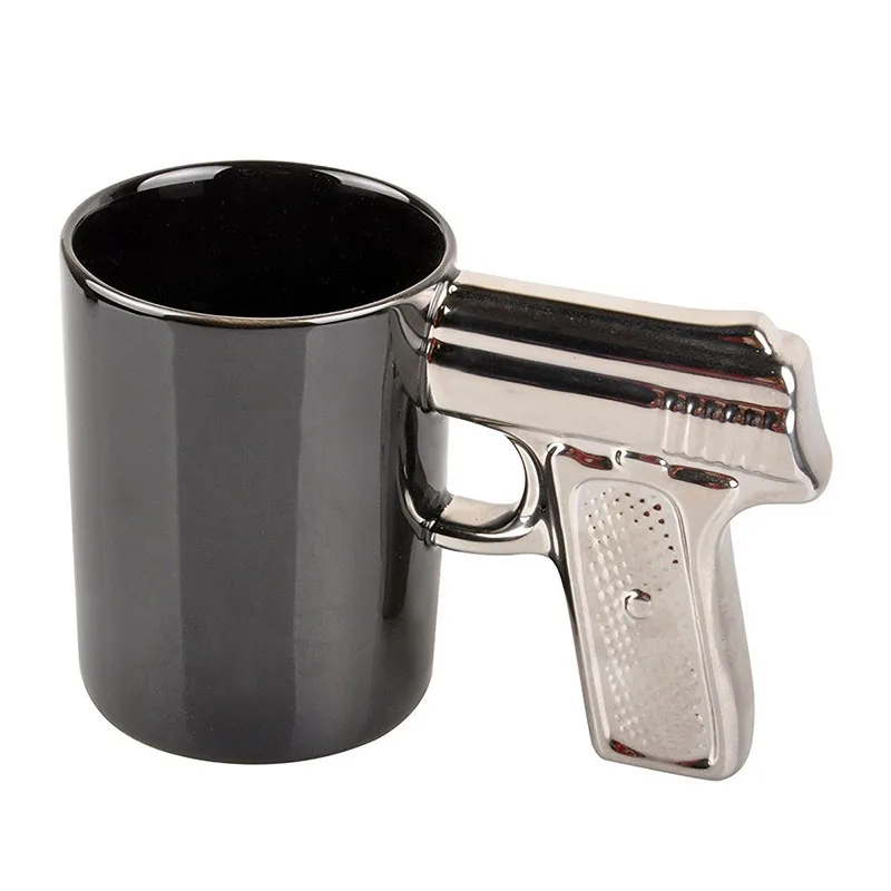 

Creative Simple Milk Tea Cup Custom Ceramic White Bla Gun Shaped Handle Coffee Water Mug