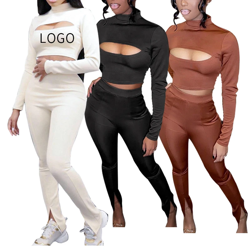 

Fashion Sportswear Hollow Out Long Sleeve High Waist Pants Solid Color Two Piece Set Women Casual