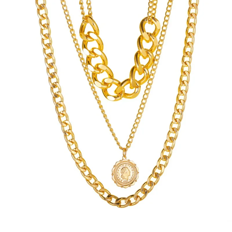 

New stainless steel jewelry multi-layer thick chain street portrait portrait coin pendant necklace personality necklace women's